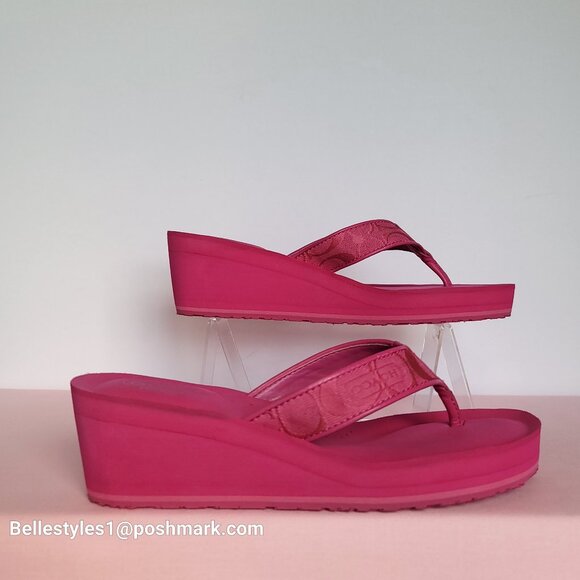 COACH Jaicee Wedge Platform Sandals in Signature Fabric-Fuchsia color.Size 9.5B⭐ - Picture 10 of 16